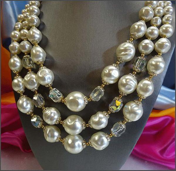 1950s Triple Strand Baroque Pearl Austrian Crystal Vintage Necklace - SOLD
