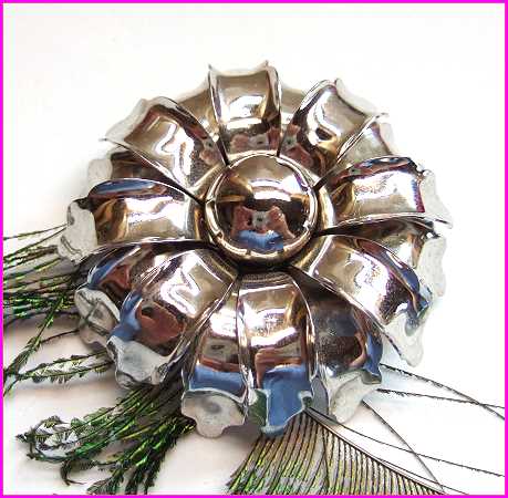 1950s Vintage Big Silver Mirror Brooch West Germany Flower