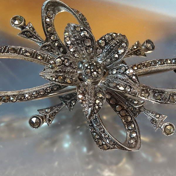 1930s Antique Victorian Bow Pin 800 Silver w Marcasites Pendant