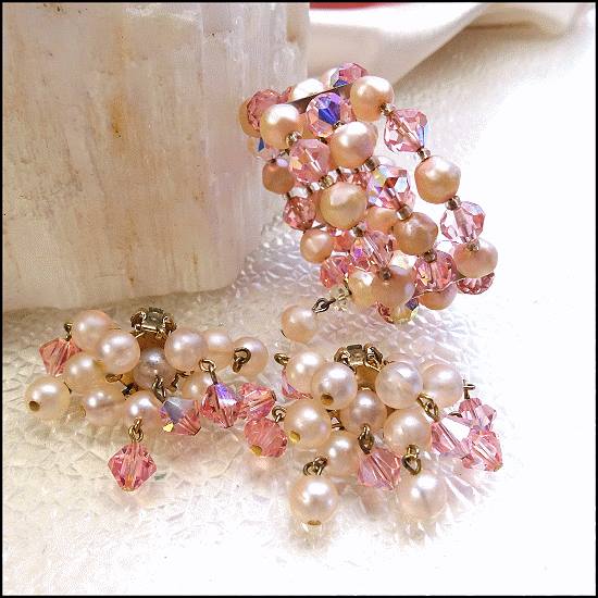 1950s Pink Pearl w Austrian Crystals Vintage Wrap Bracelet w Earrings Set