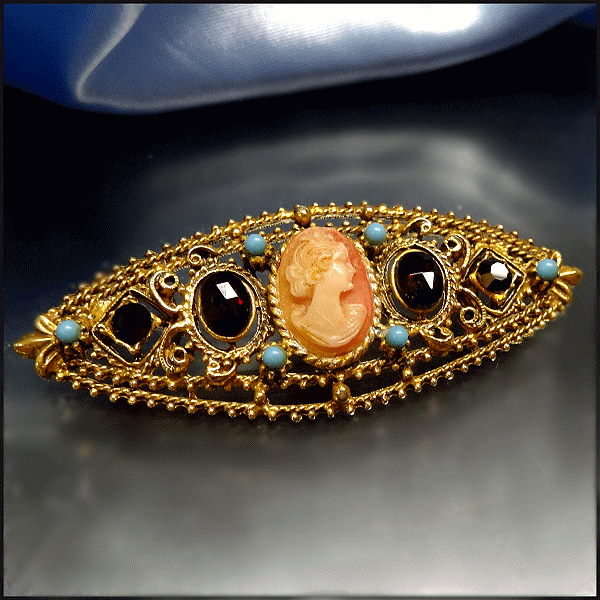 1950s Signed Florenza Ruby Crystal Antique Style Cameo Bar Pin