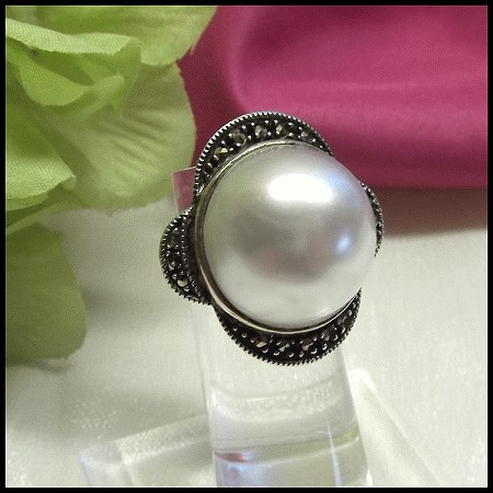1960s Vintage Pearl Ring Sterling Silver w Marcasites Jewelry