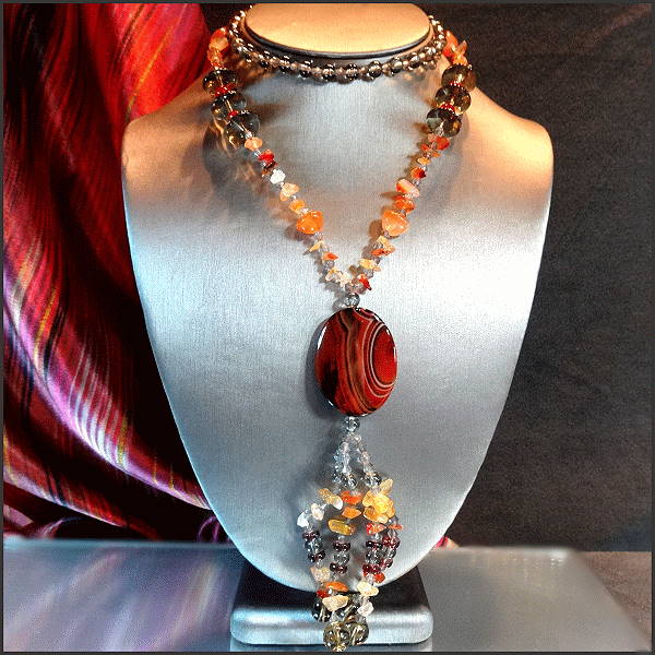 Red Grey Orange Agate Tassel Chalcedony Quartz Vintage Gemstone Necklace