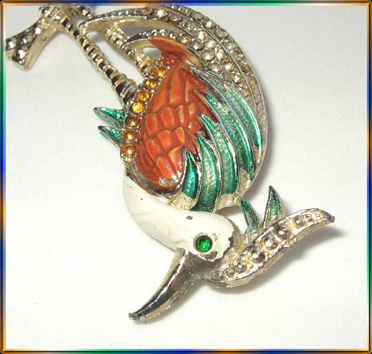 1930s Antique Bird Brooch Book Piece Pot Metal Rhinestone Heron 
