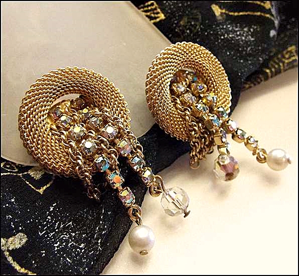 1950s Hattie Carnegie Gold Mesh Hoop Crystal Dangle Vintage Earrings