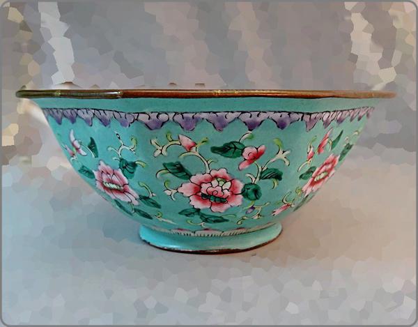 Early 1900s Antique Chinese Enamel Bowl Persian Celadon Blue