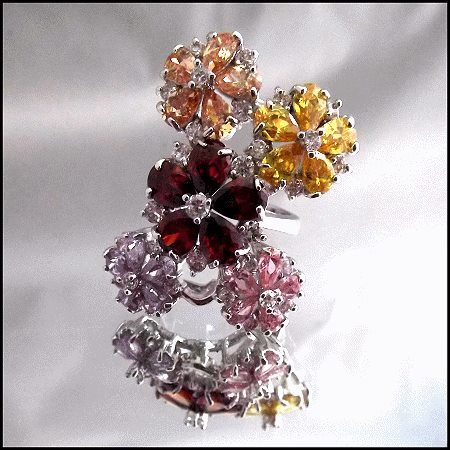 Big Gemstone Flower Ring Yellow Pink Red Cluster Design Size 9