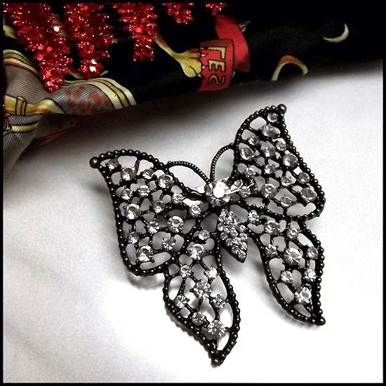 1970s BIG Vintage Butterfly Brooch Black w Crystals Pin or Pendant