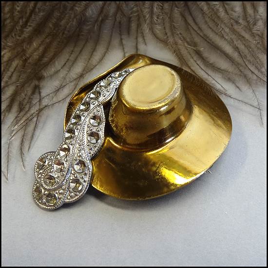 1940s Rare Figural Gold Hat Pin Cut Steel Feather Brooch
