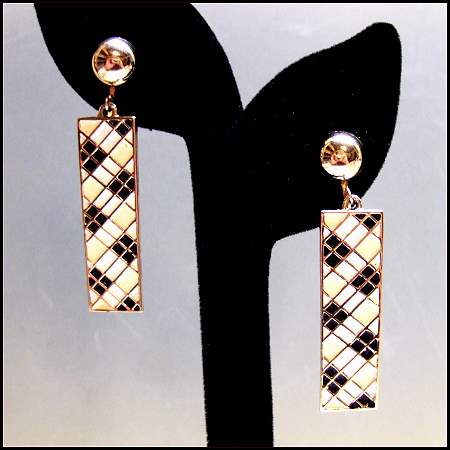 Vintage Designer Earrings Black n White Geometric Dangles Signed Boucher