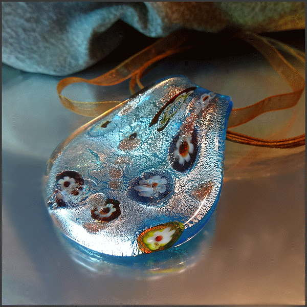 1980s Vintage Murano Necklace Silver Blue Millefiori Glass Pendant