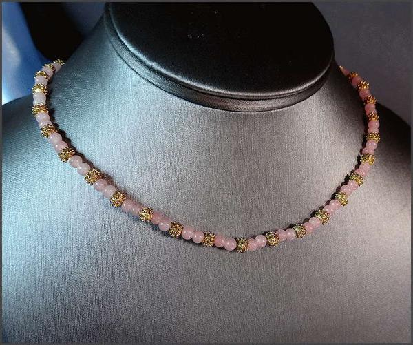 1950s Signed Les Bernard Superb Rose Quartz Gold Nugget Necklace