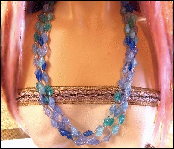 1960s Caribbean Blue Green Lucite SeaShell 3 Strand Long Vintage Necklace