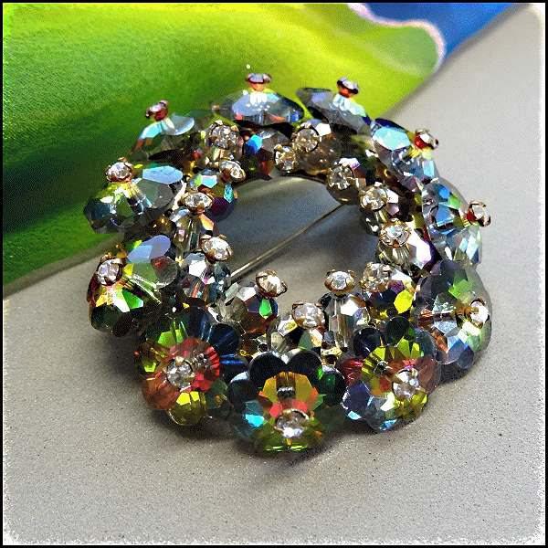 1950s Watermelon Rivolis Vintage Crystal Brooch Sherman