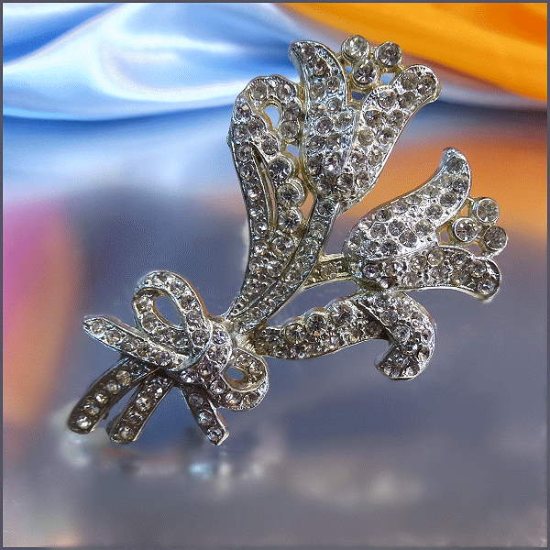 1930s Antique Brooch Big Silver Pot Metal Rhinestone Flower 