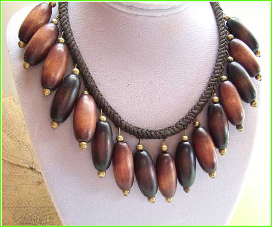 1980s Vintage Wood Bead Necklace Unique Carved Beads Costa Rica