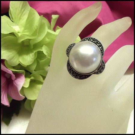 1960s Vintage Pearl Ring Sterling Silver w Marcasites Jewelry