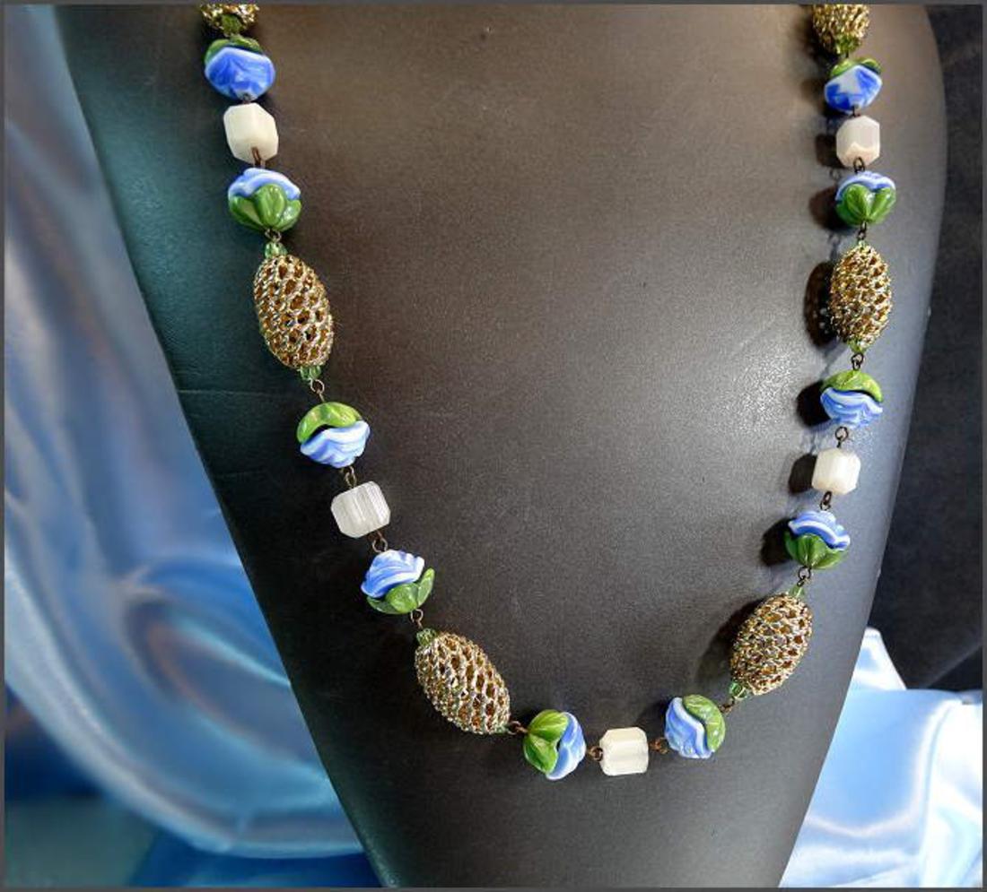 1950s Signed Hattie Carnegie Necklace New Gablonz Glass Flowers