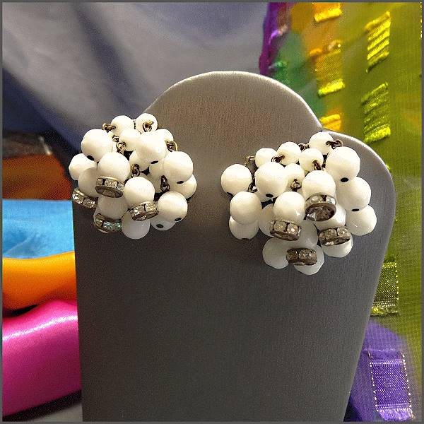 1940s Vintage Milk Glass Earrings West Germany w Rhinestone Rhondells