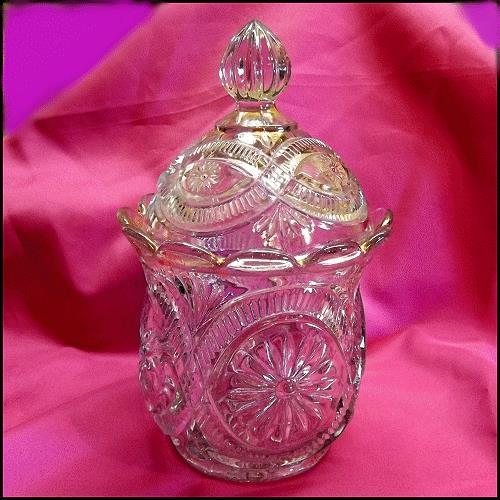 1908 Antique EAPG Glass Candy Dish Apothecary Jar Pleated Medallion