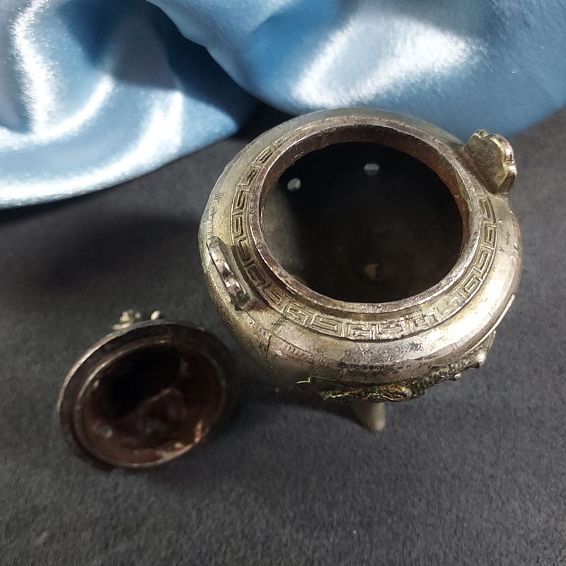 1930s Antique Chinese Foo Dog Silver Metal Incense Burner