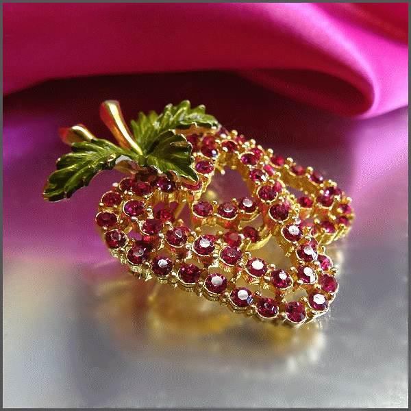 1950s Vintage Strawberry Pin Hot Pink Rhinestones 