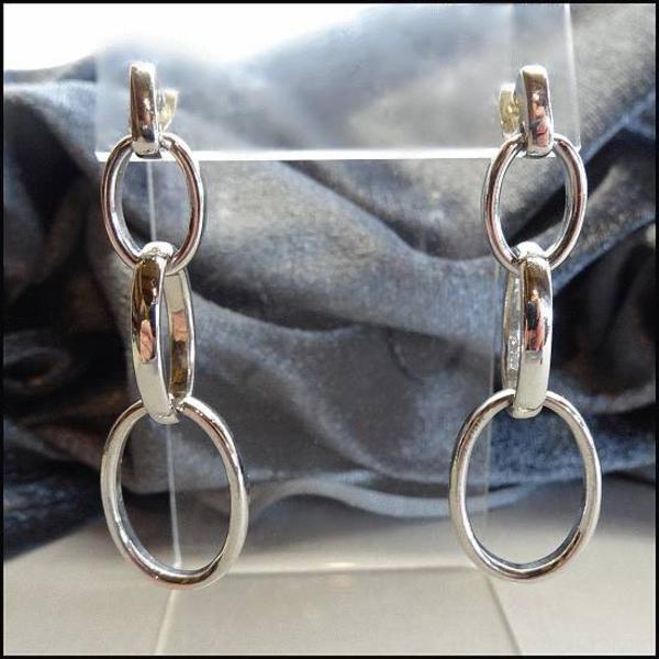 1980s Vintage Elliptical Silver Hoop Dangle Pierced Earrings