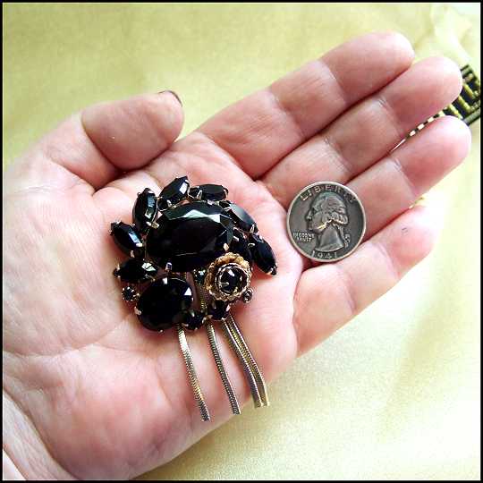 1950s Vintage Rare Black Glass Brooch Schreiner Flower w Gold Tassel