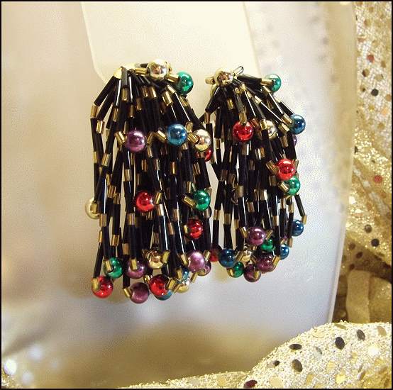 1980s Vintage Chandelier Earrings Gold Black Rainbow Holiday Dangles