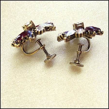 1940s Vintage Earrings Opal Moon and Red Glass Claire de Lune Style