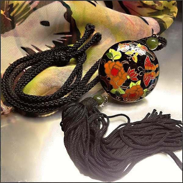 Cloisonne Tassel Necklace Puffed Butterfly Pendant w Jade Beads