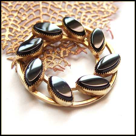 1950s Vintage 12kt GF Gold Black Onyx Circle Brooch Signed Catamore 