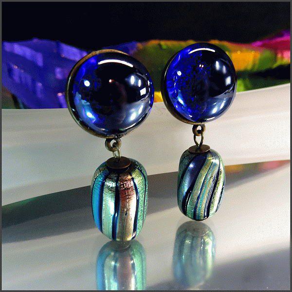 Italian Art Glass Clip Earrings Cobalt w Electric Green 