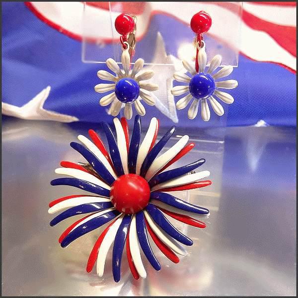 1960s Patriotic Firework Brooch w Earrings Vintage Set