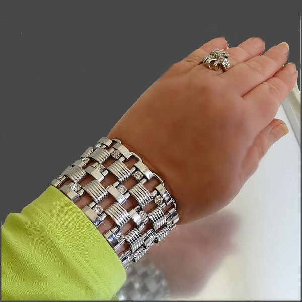 1950s Modern Silver Link w Crystals Wide Retro Vintage Bracelet