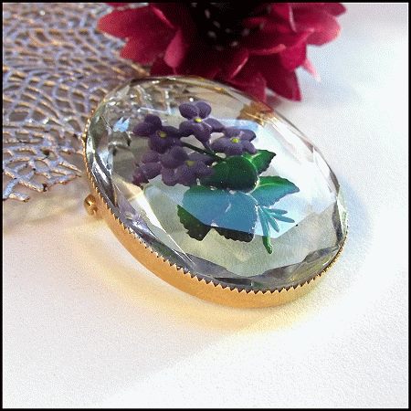 1940s Purple Violet Flower Intaglio Crystal Vintage Brooch