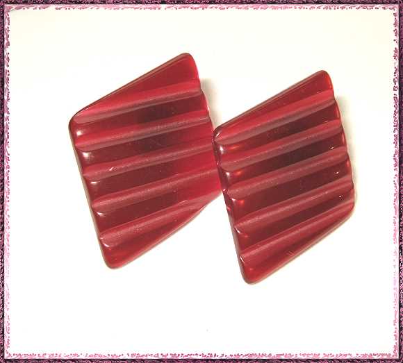 1960s Vintage Earrings Cranberry Moonstone Lucite Pierced Wafers