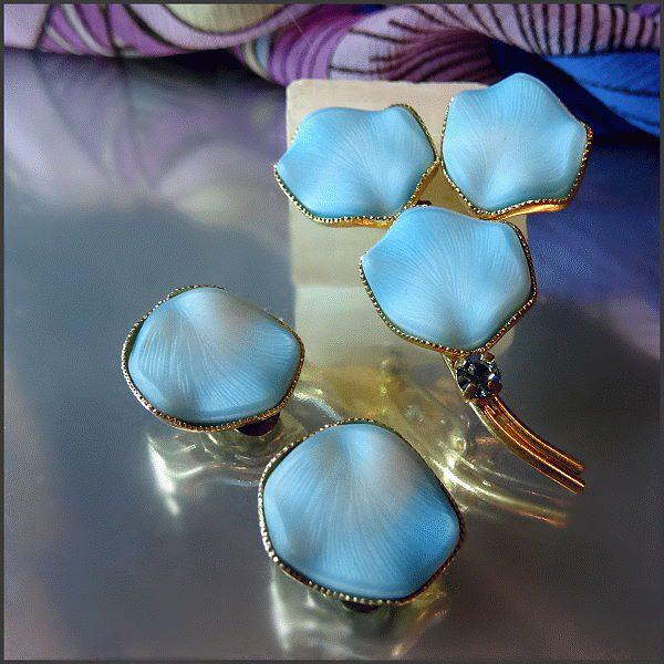 1950s Vintage Rare Blue Satin Glass Pin w Earrings Elegant West Germany Set