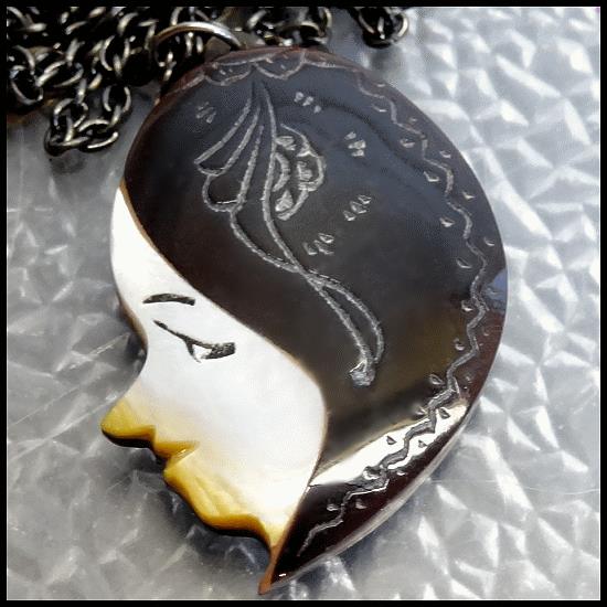 1920s Art Deco Carved Tortoise Shell Lady Face Antique Pendant Necklace