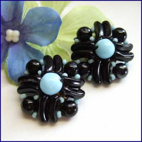 1950s Vintage Clip Earrings West Germany Black Glass Flowers 