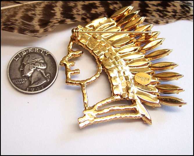 Signed Dominique Big Indian Chief Vintage Crystal Brooch