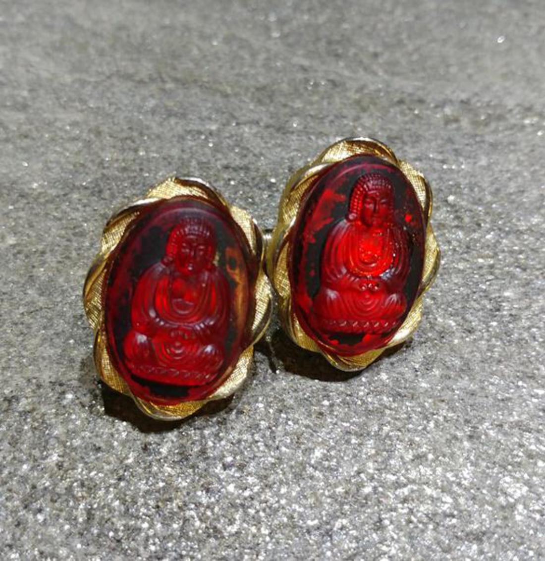 1960s Signed Swank Ruby Glass Large Buddha Vintage Cufflinks
