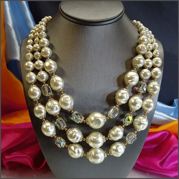 1950s Triple Strand Baroque Pearl Austrian Crystal Vintage Necklace - SOLD
