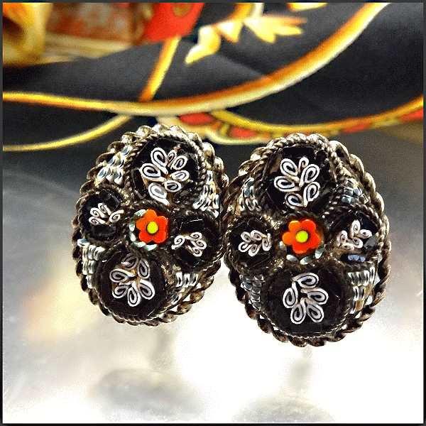 1940s Vintage Earrings Italian Black n White Mosaic Glass Flowers 