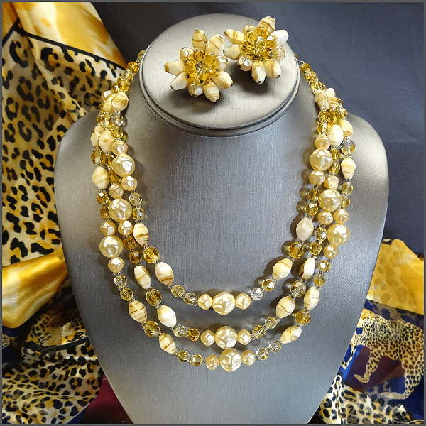 1950s West German Superb Pearl Citrine Crystal Necklace w Earrings Set