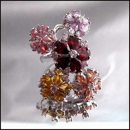 Big Gemstone Flower Ring Yellow Pink Red Cluster Design Size 9