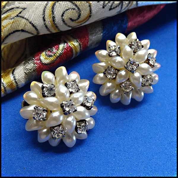 1950s Vintage Clip Earrings Crystal Pearl Flowers 