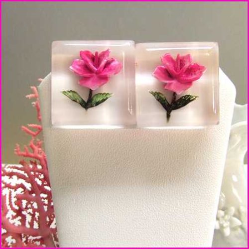 1960s Vintage Roses Pierced Earrings Pretty Pink Reverse Carved Lucite Roses