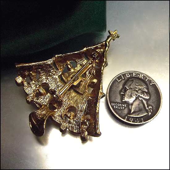 1960s Vintage Christmas Tree Pin Gold w Red n Clear Crystals by Jonet