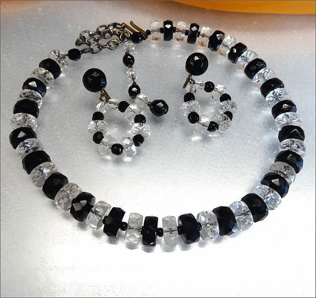 1920s Art Deco Monochromatic Glass Necklace w Earrings Set Signed West Germany